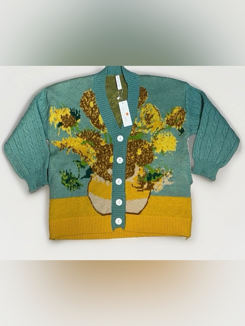 Kelly Obi New York Cardigan Sweater w/ Van Gogh Sunflowers in Vase Women's L NWT